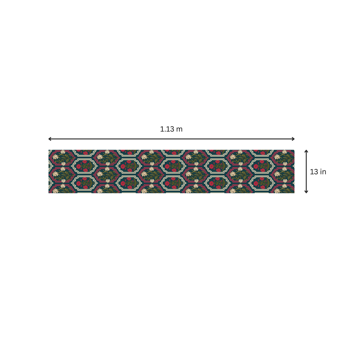 Rajputana Wallflower table runner size chart showing small size, 45 x 13 inches