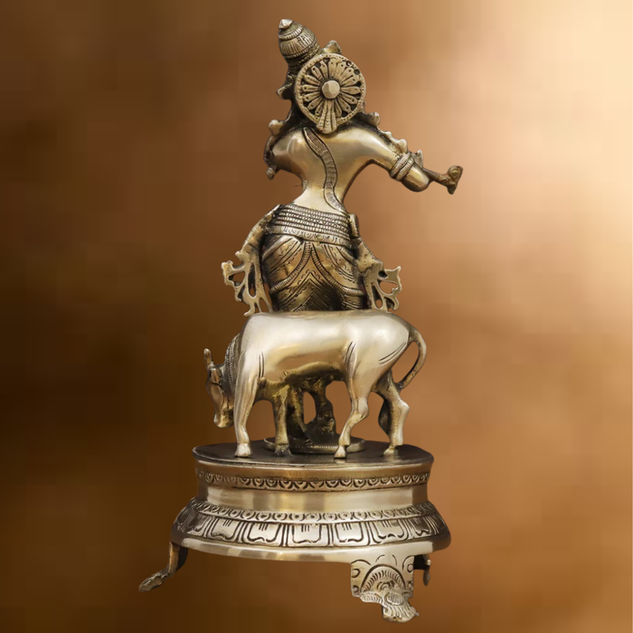 Brass Krishna Idol, Playing Flute Beside Cow, Golden work, 11"