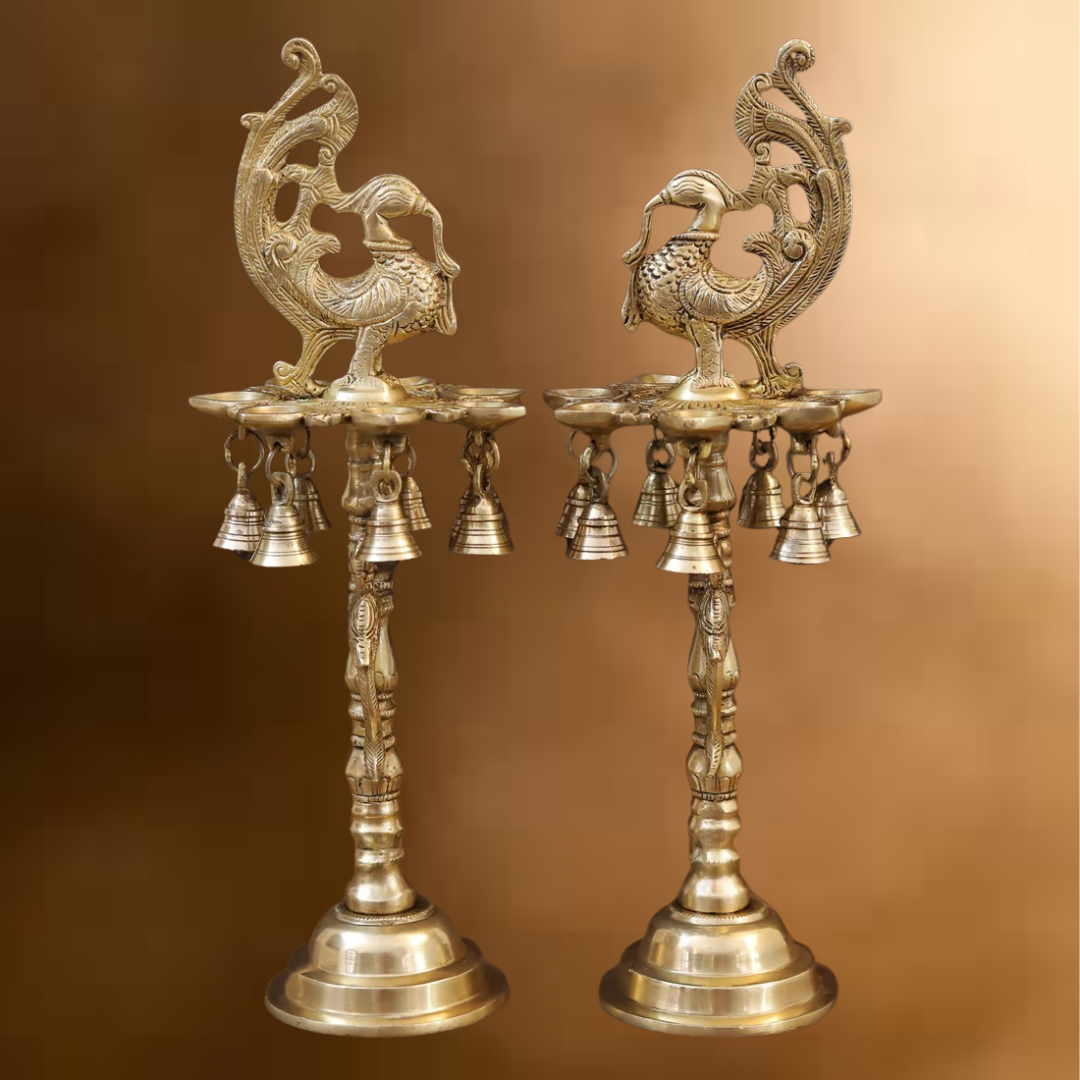 Brass Peacock Diya, with Bells, Fine Golden Finish 16.5"