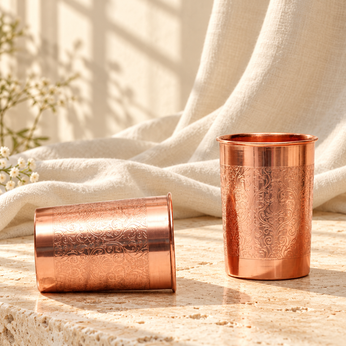 Pure Copper Water Glass Set of 2 – Floral Engraved Tumbler, 300 ml