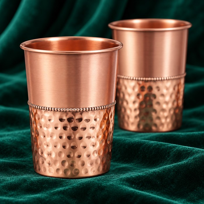 Pure Copper Water Glass Set of 2 – Half Hammered Tumbler, 300 ml