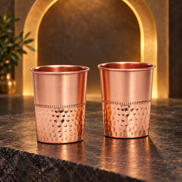 Pure Copper Water Glass Set of 2 – Half Hammered Tumbler, 300 ml