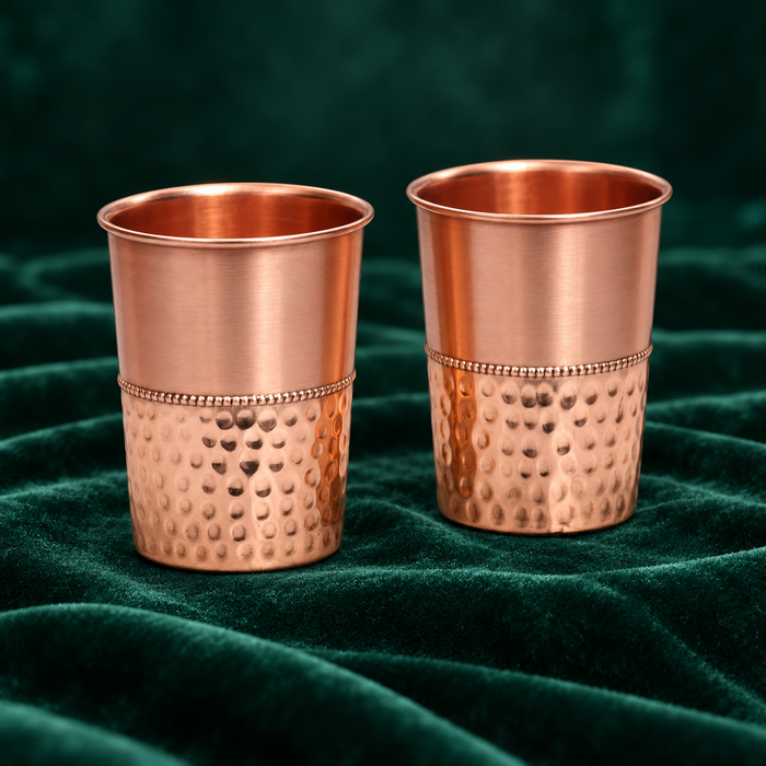 Pure Copper Water Glass Set of 2 – Half Hammered Tumbler, 300 ml