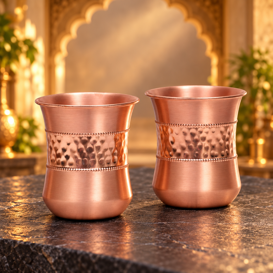 Pure Copper Water Glass Set of 2 – Half Hammered Damru Tumbler, 300 ml