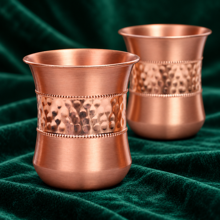 Pure Copper Water Glass Set of 2 – Half Hammered Damru Tumbler, 300 ml