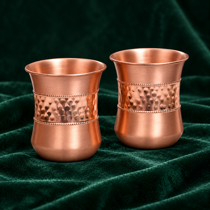 Pure Copper Water Glass Set of 2 – Half Hammered Damru Tumbler, 300 ml
