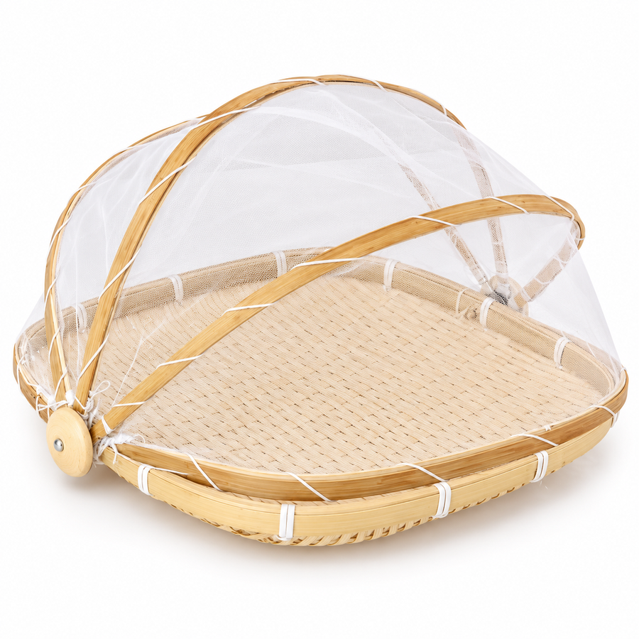 Multi-Purpose Handwoven Bamboo Basket with Mesh Food Cover