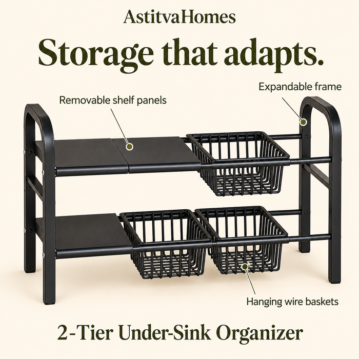 2 Layer Expandable Under Sink Storage Rack – Stainless Steel with 4 Baskets, view 2