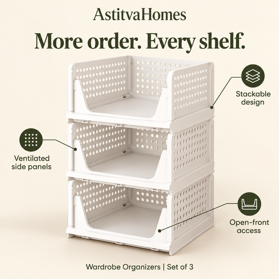 Stackable Wardrobe Organizer Set of 3 – White Plastic with Sliding Rails
