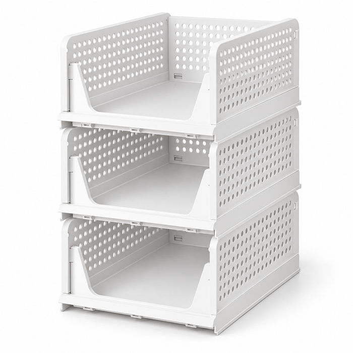 Stackable Wardrobe Organizer Set of 3 – White Plastic with Sliding Rails, view 2