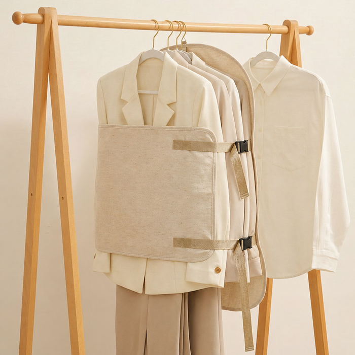 Dustproof Cotton Linen Hanging Wardrobe Compression Organizer – Off-White, view 2
