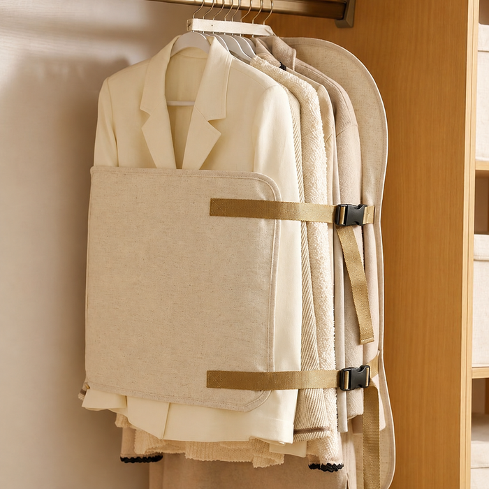 Dustproof Cotton Linen Hanging Wardrobe Compression Organizer – Off-White, view 4