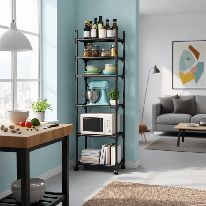 Multi-Layer Kitchen Storage Trolley Rack with Wheels – Black Iron, 170 cm