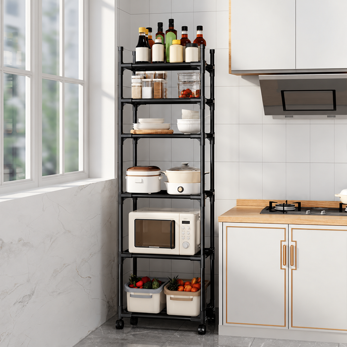 Multi-Layer Kitchen Storage Trolley Rack with Wheels – Black Iron, 170 cm, view 2