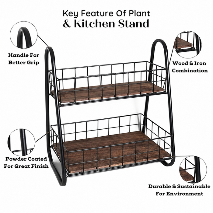 Countertop Kitchen Rack – Black Metal Frame with Brown Wooden Shelves, view 2