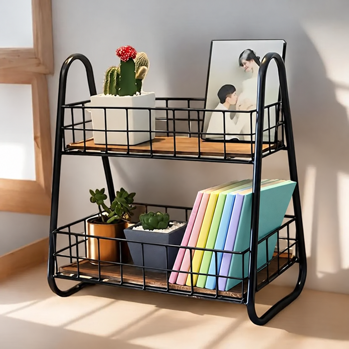 Countertop Kitchen Rack – Black Metal Frame with Brown Wooden Shelves