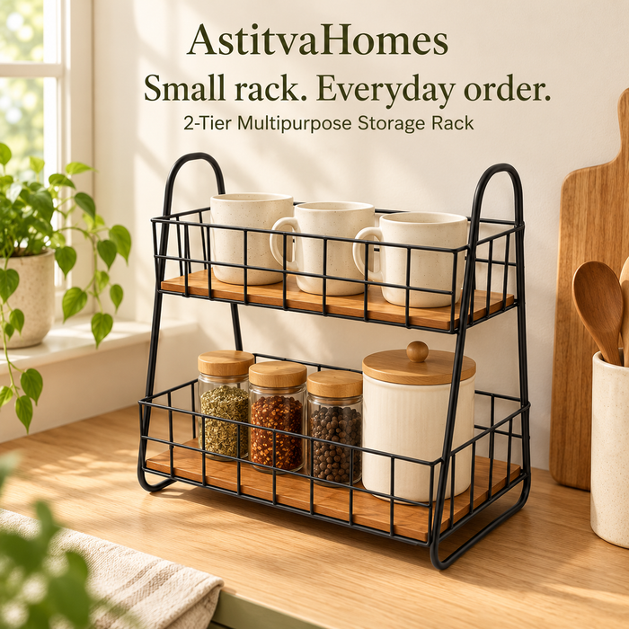 Countertop Kitchen Rack – Black Metal Frame with Brown Wooden Shelves, view 4