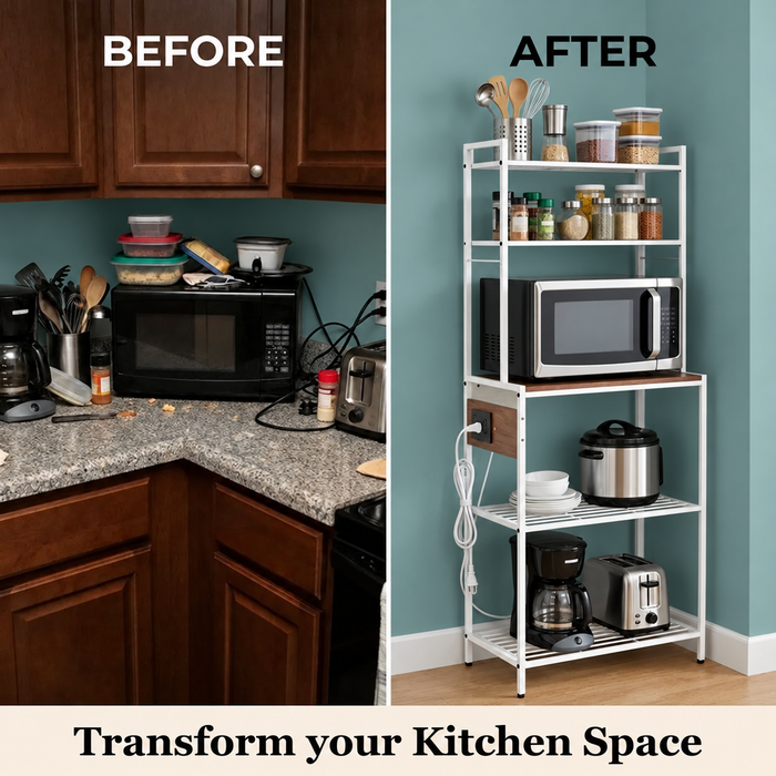 5-Tier Freestanding Kitchen Rack with Built-In Power Board – White Wood & Metal, view 2