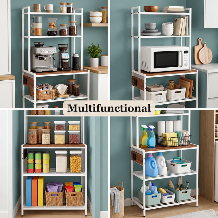 5-Tier Freestanding Kitchen Rack with Built-In Power Board – White Wood & Metal, view 3