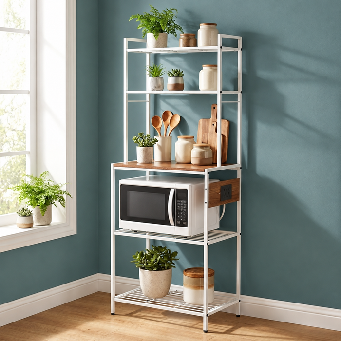 5-Tier Freestanding Kitchen Rack with Built-In Power Board – White Wood & Metal