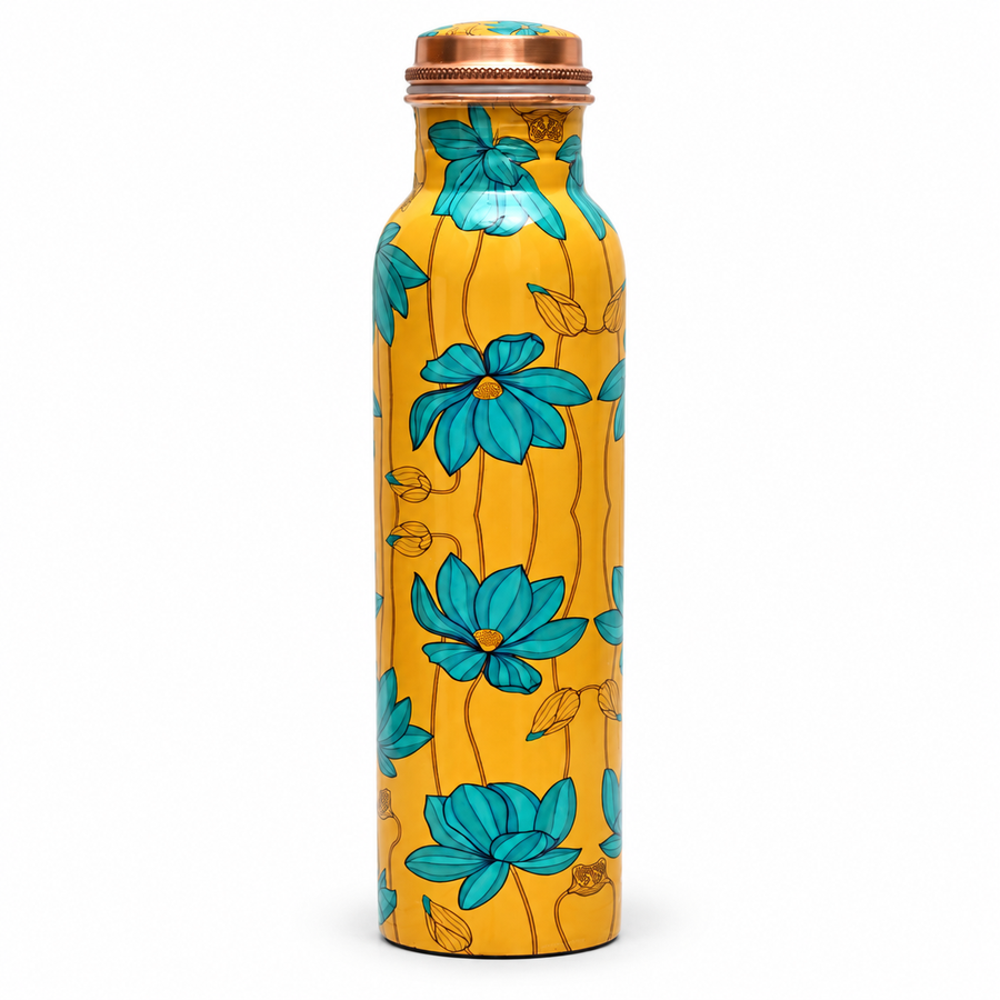 Pure Copper Water Bottle 1000 ml – Leak-Proof Lid, Mustard Yellow with Teal Floral Design