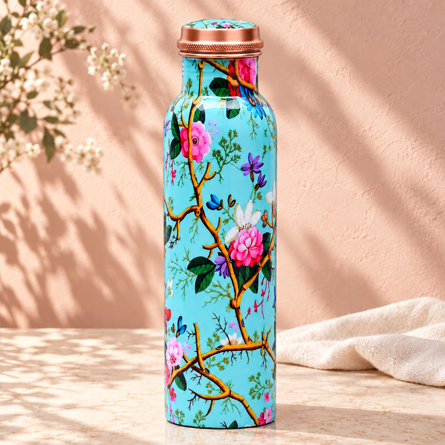 Pure Copper Water Bottle 1000 ml – Leak-Proof Lid, Turquoise Blue with Multicolour Floral Print
