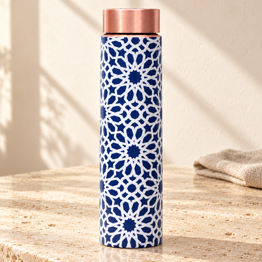 Pure Copper Water Bottle 1000 ml – Leak-Proof Lid, White with Indigo Blue Geometric Floral Print