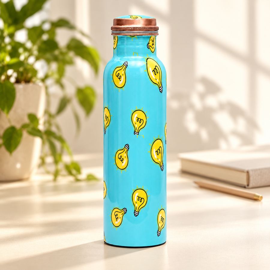 Pure Copper Water Bottle 1000 ml – Leak-Proof Lid, Sky Blue with Yellow Hand-Painted Motif