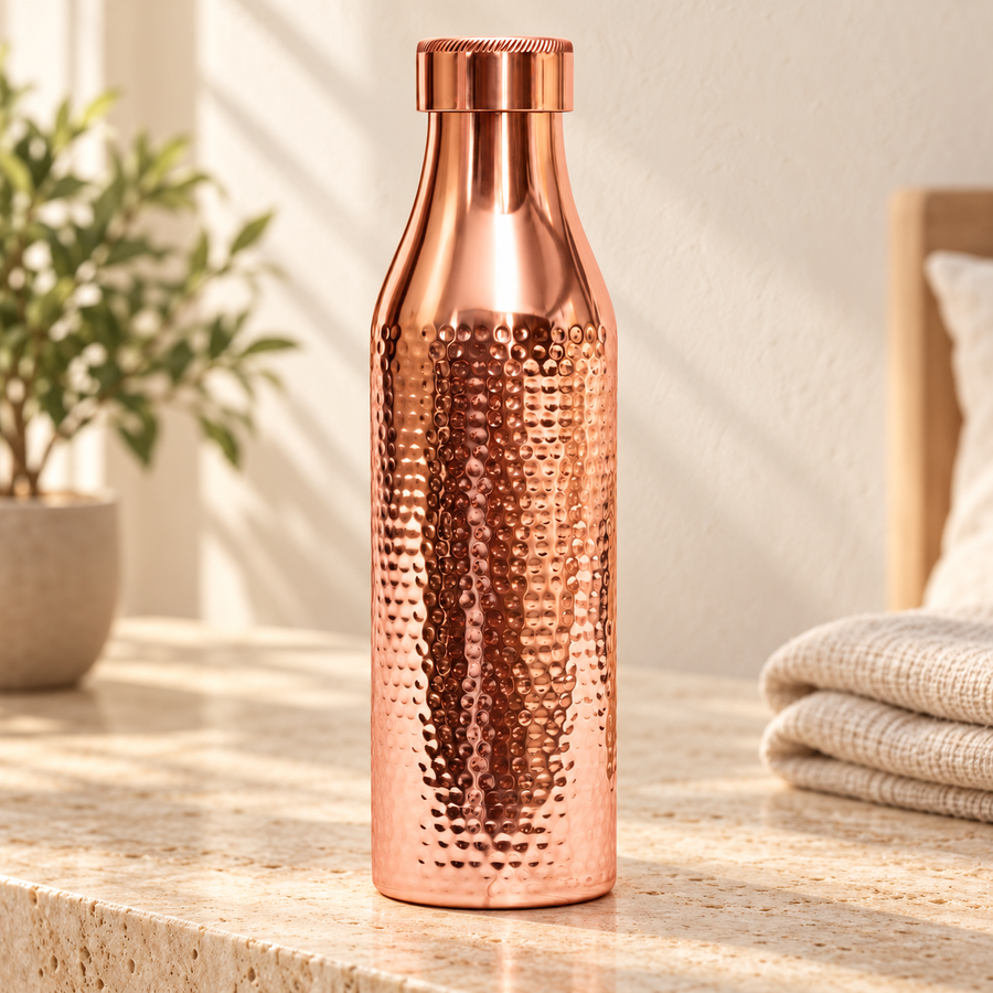 Pure Copper Hammered Water Bottle 1000 ml – Leak-Proof Lid, Plain Design