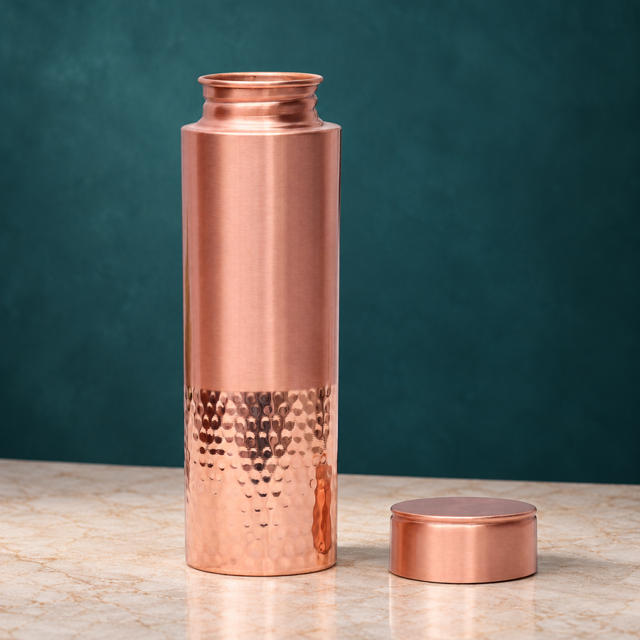 Pure Copper Water Bottle 1000 ml – Leak-Proof Lid, Half Hammered and Half Matte Finish