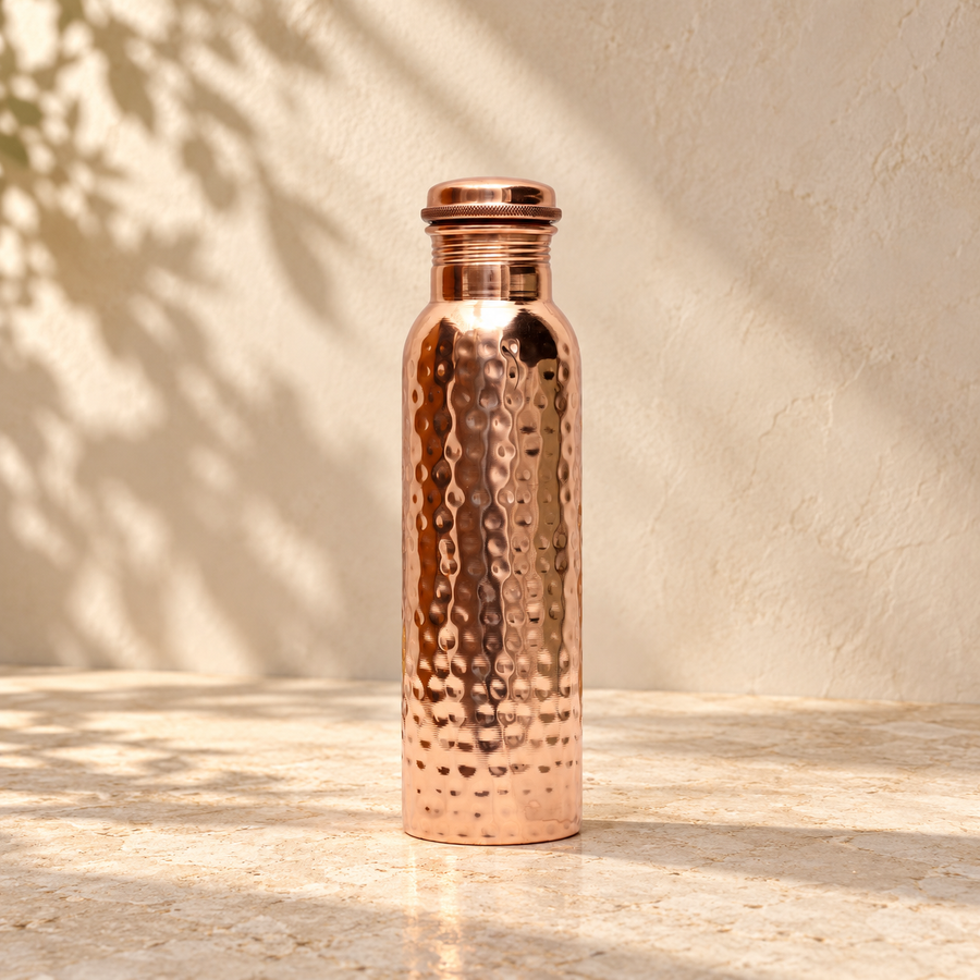 Pure Copper Water Bottle 950 ml – Leak-Proof Lid, Glossy Hammered Design