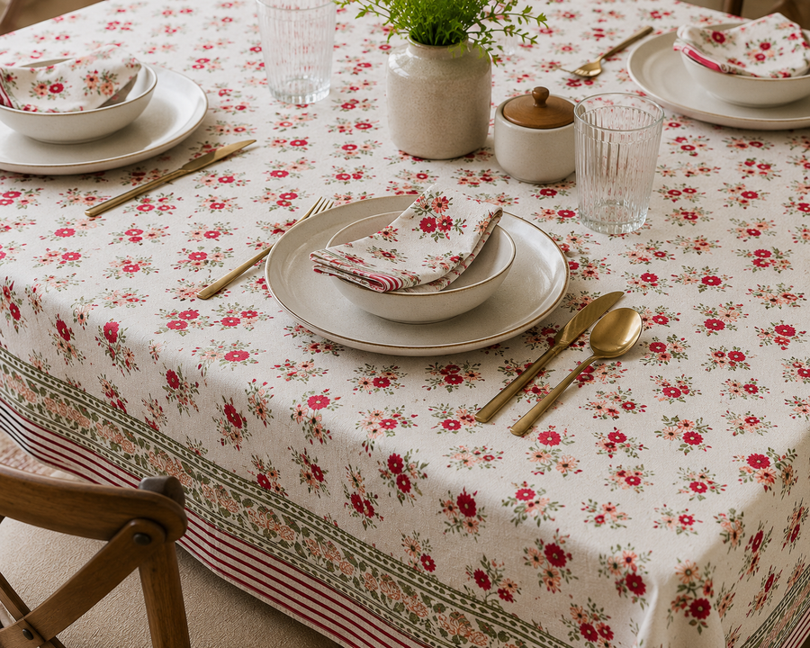 Cream tablecloth with a small red and pink ditsy floral print, striped and floral border, styled on a dining table
