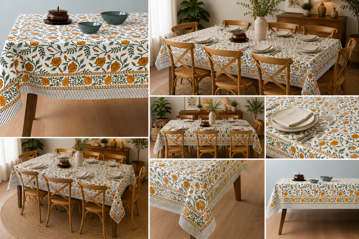 Summer Flowers Block Printed Rectangle Table Cloth – 6 Seater