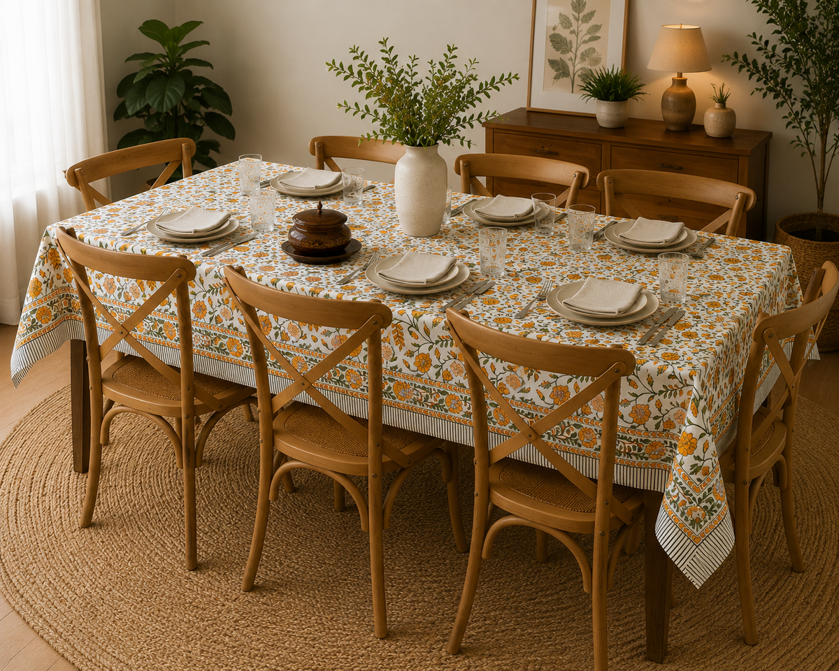 Summer Flowers Block Printed Rectangle Table Cloth – 6 Seater