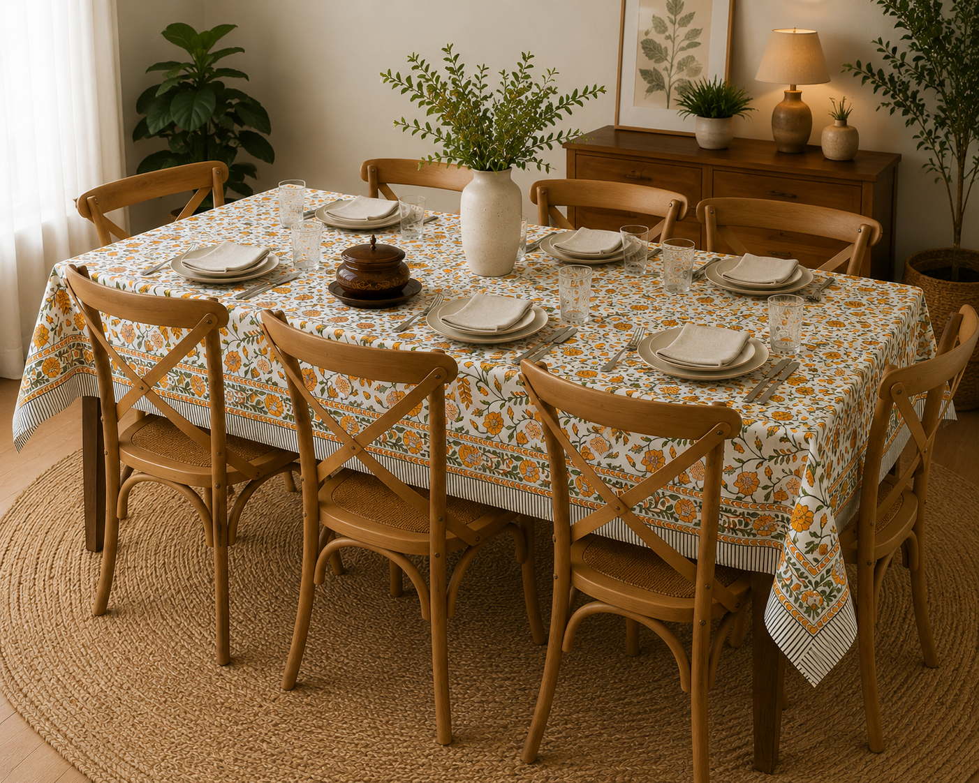 Summer Flowers Block Printed Rectangle Table Cloth – 6 Seater