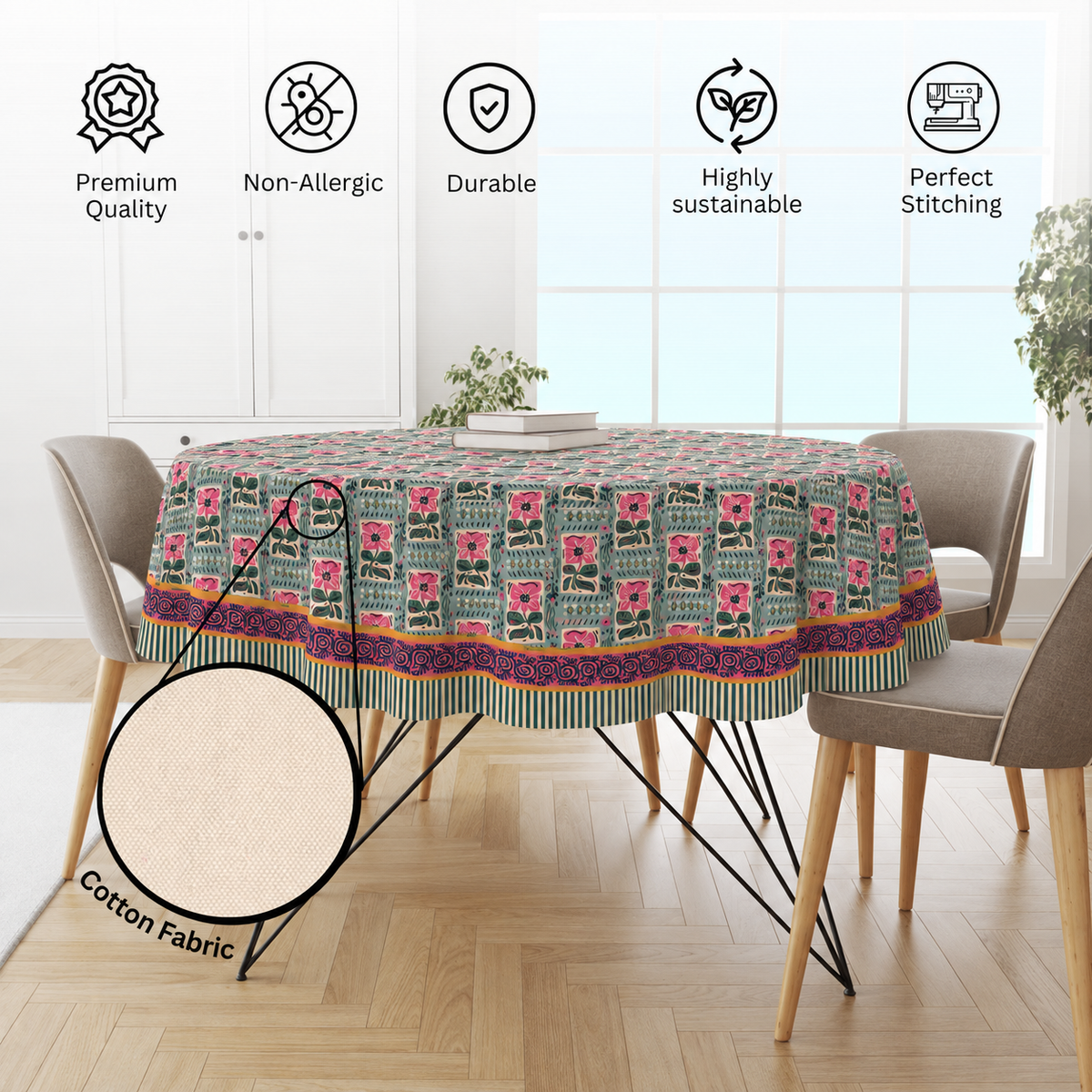 Gulabi Garden Tablecloth for 6 Seater Dining Table | Cotton