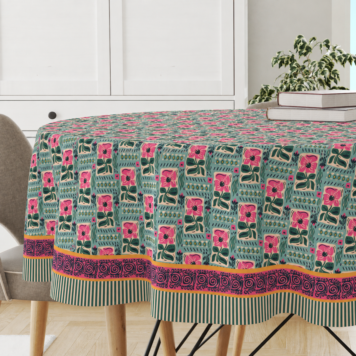 Gulabi Garden Tablecloth for 6 Seater Dining Table | Cotton