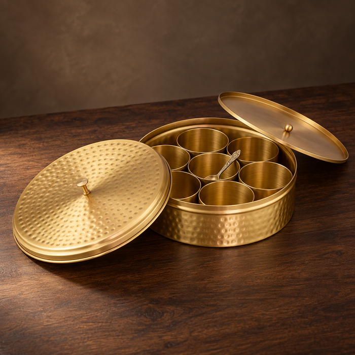9-Inch Brass Masala Box / Spice Organizer with Spoon