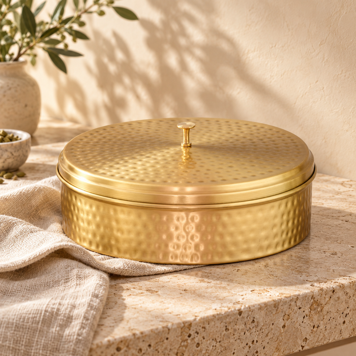 9-Inch Brass Masala Box / Spice Organizer with Spoon