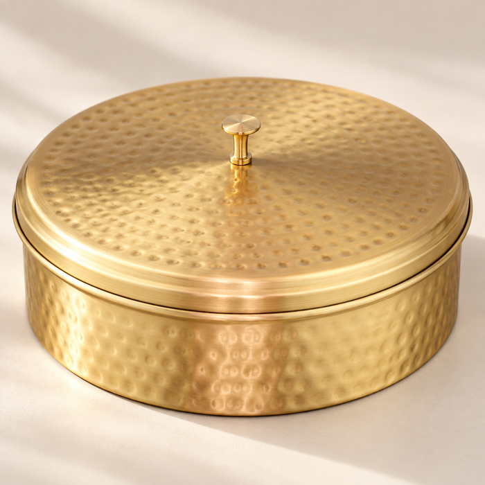 9-Inch Brass Masala Box / Spice Organizer with Spoon