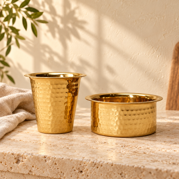 Brass Hammered Dabra Set with Tumbler & Bowl