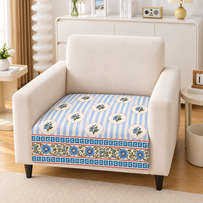 Blue Stripe Floral Border Printed Quilted Sofa Mat – 1 Seater, 2 Seater, 3 Seater