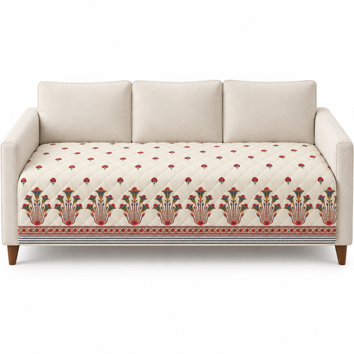 Red Bouquet Buti Border Printed Quilted Sofa Mat – 1 Seater, 2 Seater, 3 Seater