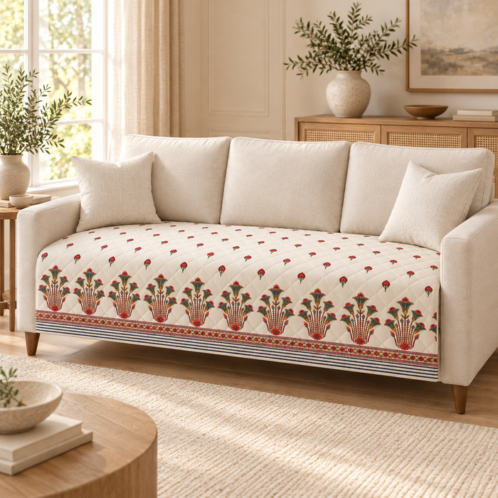 Red Bouquet Buti Border Printed Quilted Sofa Mat – 1 Seater, 2 Seater, 3 Seater