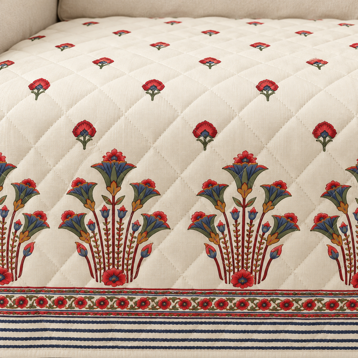 Red Bouquet Buti Border Printed Quilted Sofa Mat – 1 Seater, 2 Seater, 3 Seater