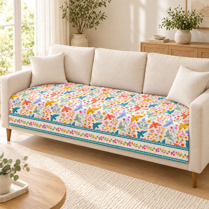 Colourful Birds Garden Printed Quilted Sofa Mat – 1 Seater, 2 Seater, 3 Seater
