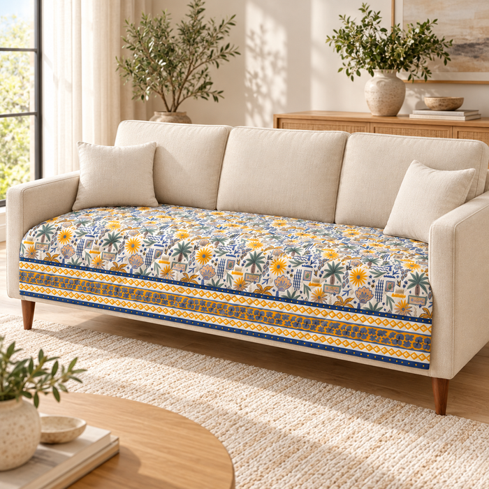 Mustard Blue Tropical Palm Printed Quilted Sofa Mat – 1 Seater, 2 Seater, 3 Seater