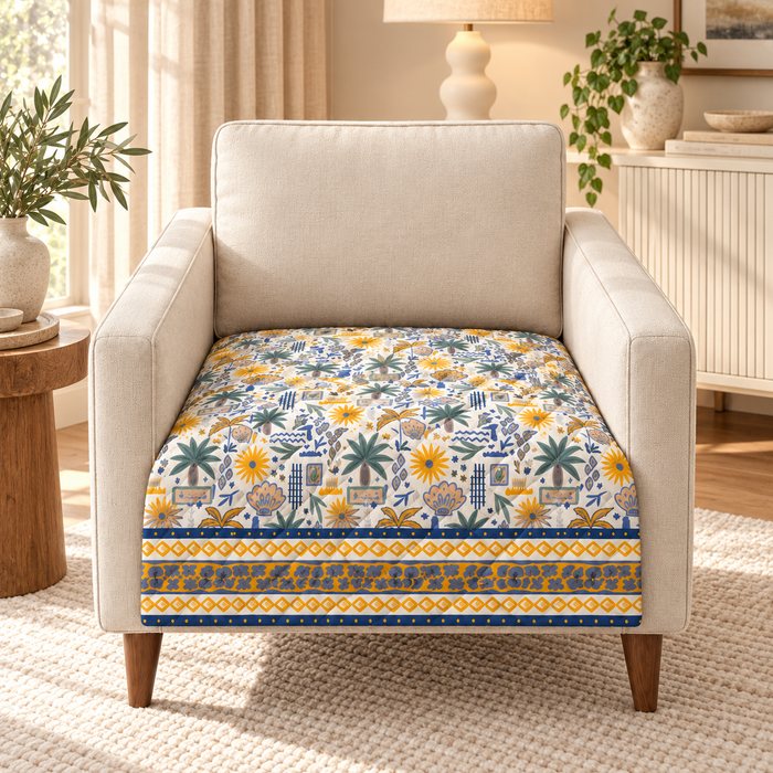 Mustard Blue Tropical Palm Printed Quilted Sofa Mat – 1 Seater, 2 Seater, 3 Seater