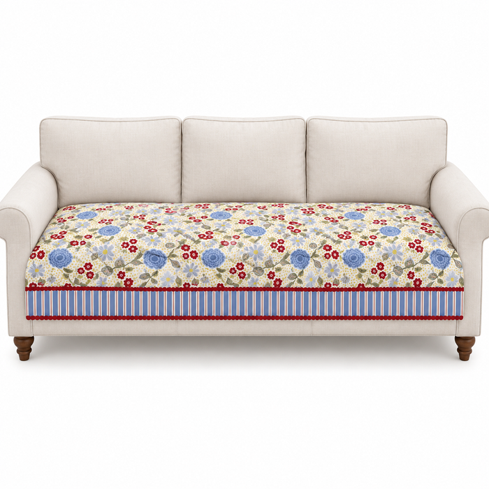 Blue Red Meadow Floral Printed Quilted Sofa Mat – 1 Seater, 2 Seater, 3 Seater