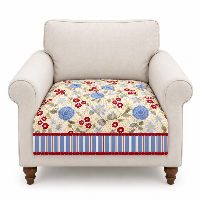 Blue Red Meadow Floral Printed Quilted Sofa Mat – 1 Seater, 2 Seater, 3 Seater